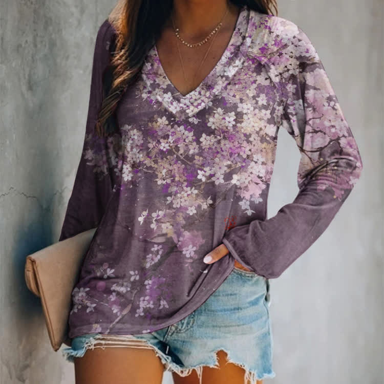 Japanese Sakura Cherry Blossom Art Pattern Print V-neck Long Sleeve T-shirt - Purple - US 24 (5XL) - image 1