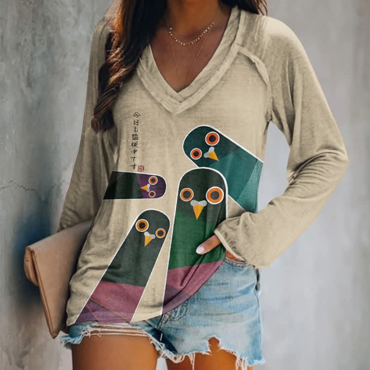 Japanese Retro Surveillance Bird Pattern Print V-neck Long Sleeve T-shirt - Apricot - US 24 (5XL) - image 2