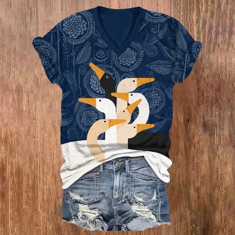 Japanese Geese Geometry Pattern Print Short Sleeved V-Neck T-Shirt - Dark Blue - US32-34(5XL) - image 1