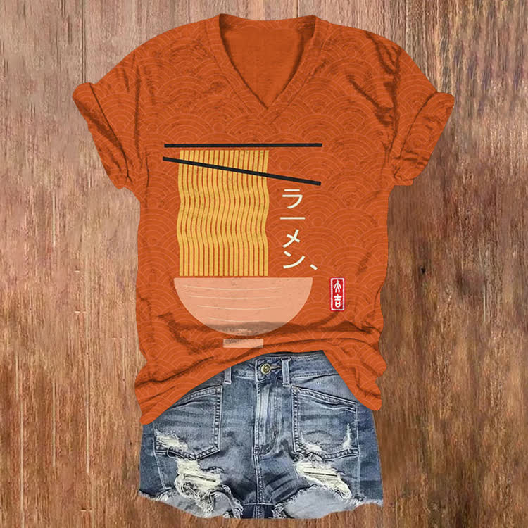 Japanese Ramen Pattern Print Short Sleeved V-Neck T-Shirt - Orange - US32-34(5XL) - image 1