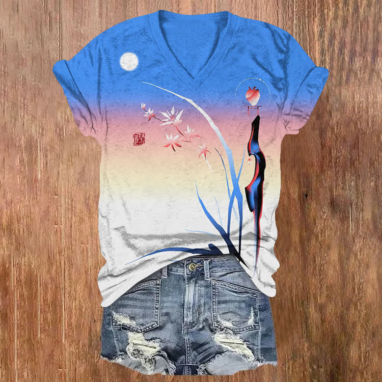 Japanese Psychedelic Gradient Florals Pattern Print Short Sleeved V-Neck T-Shirt - Blue - US32-34(5XL) - image 1