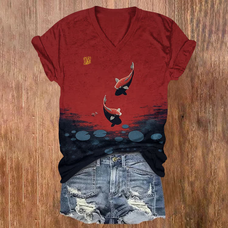 Japanese Ink-Wash Style Koi Pattern Print Short Sleeved V-Neck T-Shirt - Red - US32-34(5XL) - image 1