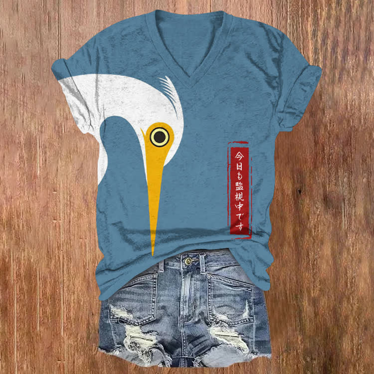 Japanese The Crane's Gaze Pattern Print Short Sleeved V-Neck T-Shirt - Blue - US32-34(5XL) - image 1
