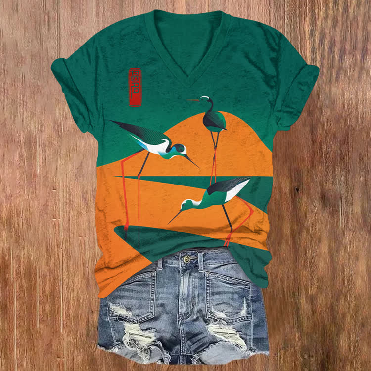 Japanese Setting Sun And The Birds Pattern Print Short Sleeved V-Neck T-Shirt - Orange - US32-34(5XL) - image 1