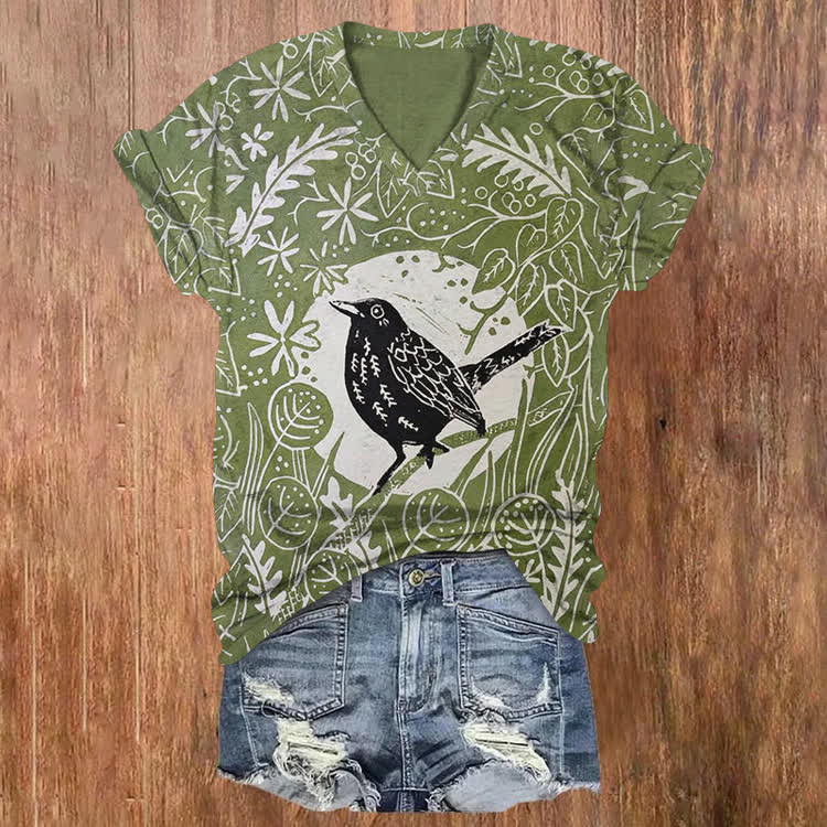 Vintage Wood-Carved Forest Bird Pattern Print Short Sleeved V-Neck T-Shirt - Green - US32-34(5XL) - image 2