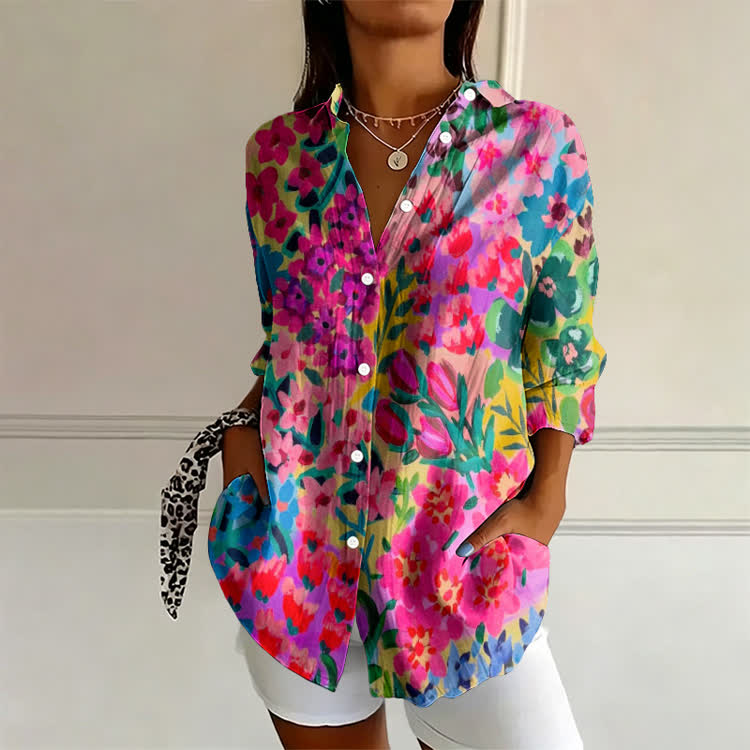 Colorful Tulips Pattern Print Long Sleeve Blouse - Pink - US 22 (4XL) - image 1