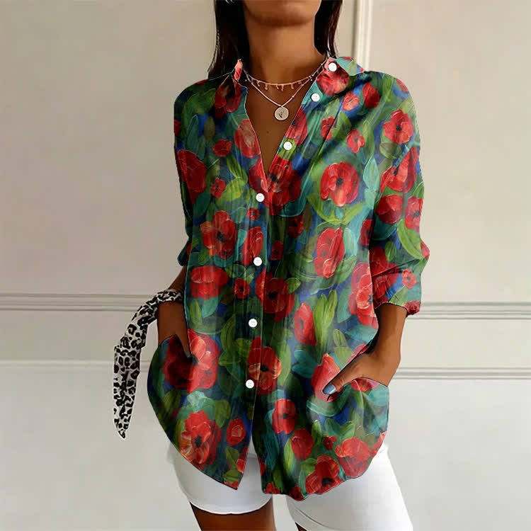 Vintage Red Poppy Floral Pattern Print Long Sleeve Blouse - Green - US 22 (4XL) - image 1