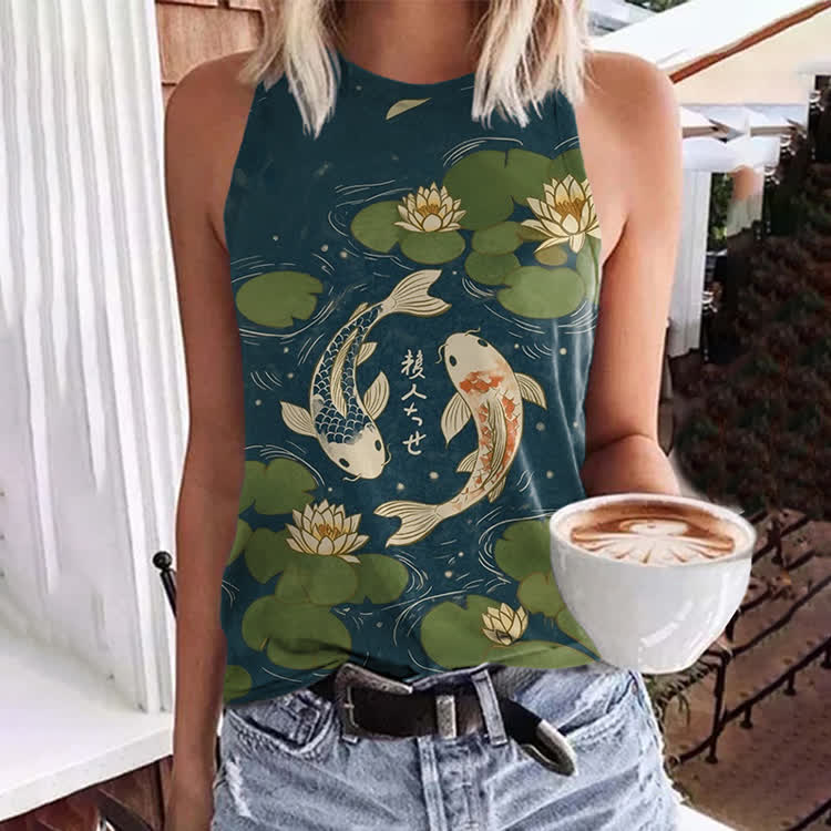 Japanese Koi In The Lotus Pond Pattern Print Crew Neck Tank Top - Dark Blue - 5XL - image 1