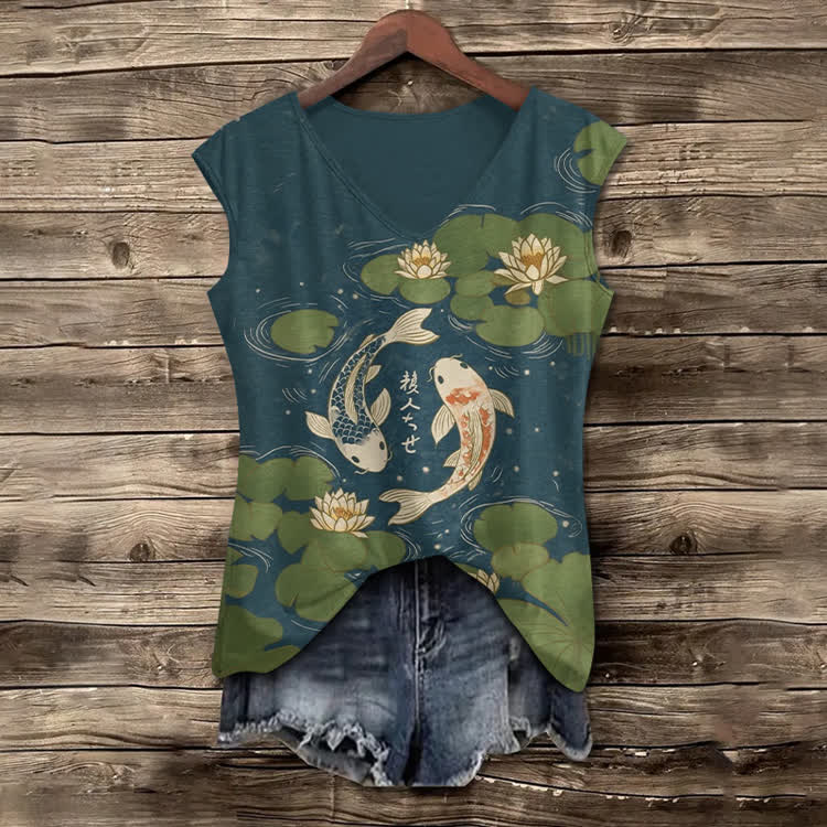 Japanese Koi In The Lotus Pond Pattern Print V-neck Tank Top - Dark Blue - 5XL - image 1