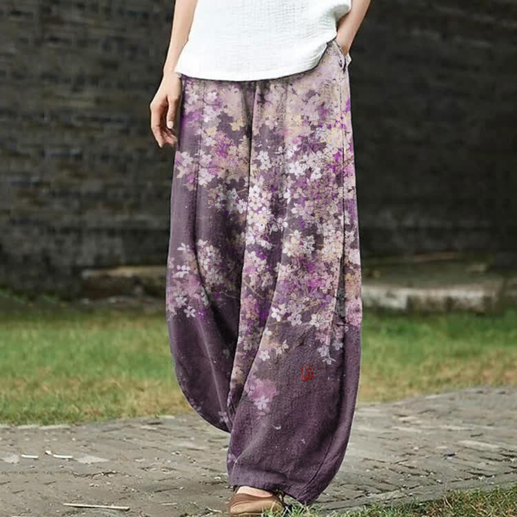  Japanese Sakura Cherry Blossom Art Pattern Print Casual Bloomers Pants - Purple - US18(5XL) - image 1