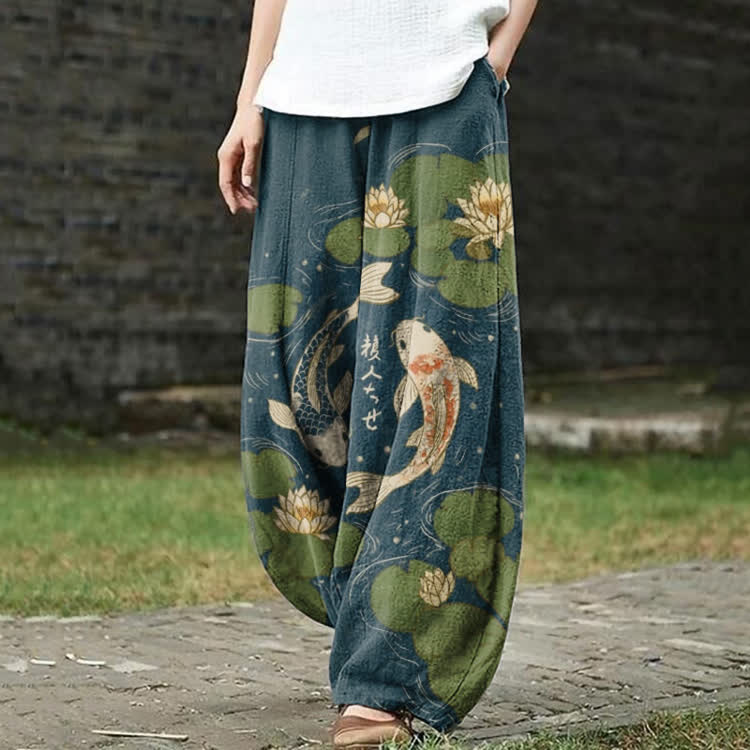 Japanese Koi In The Lotus Pond Pattern Print Casual Bloomers Pants - Dark Blue - US18(5XL) - image 1