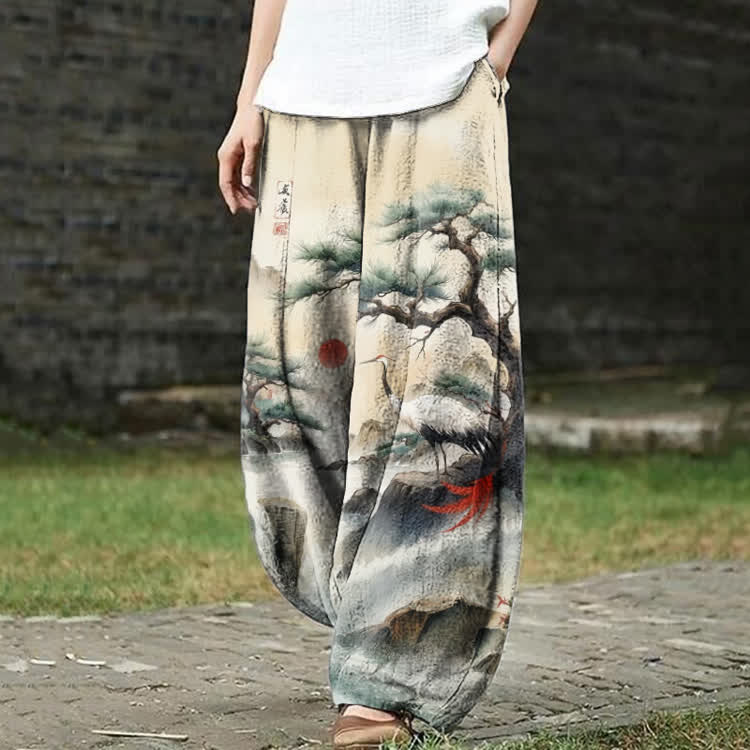  Japanese Vintage Pine And Crane Pattern Print Casual Bloomers Pants - Apricot - US18(5XL) - image 1