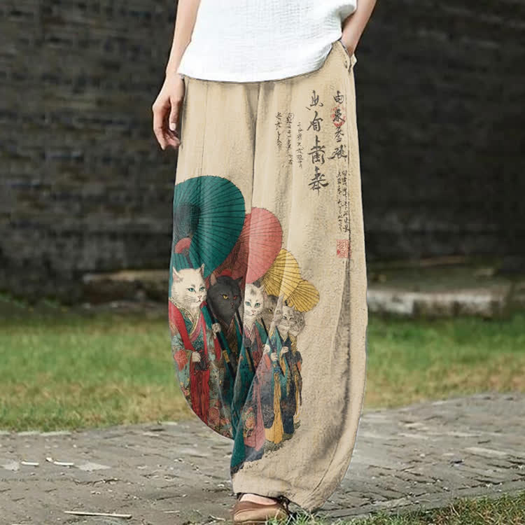  Japanese Retro Kimono Cats Pattern Print Casual Bloomers Pants - Apricot - US18(5XL) - image 1