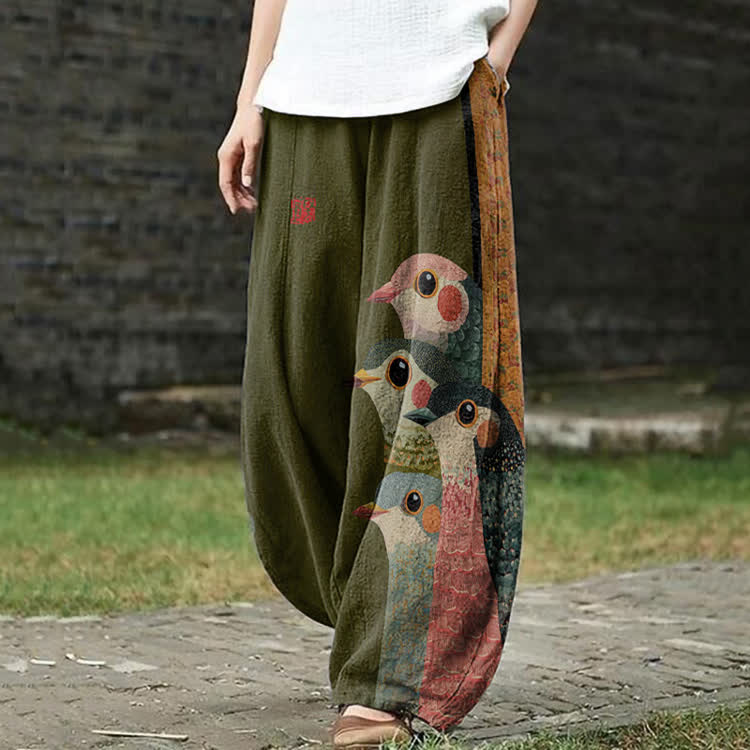 Japanese Retro Rainbow Birds Pattern Print Casual Bloomers Pants - Army Green - US18(5XL) - image 1
