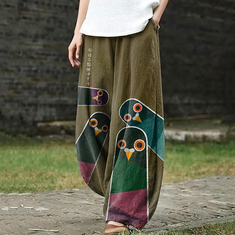 Japanese Retro Surveillance Bird Pattern Print Casual Bloomers Pants - Army Green - US18(5XL) - image 1