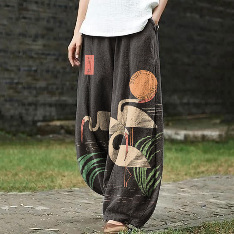  Japanese Minimalist Three Cranes Pattern Print Casual Bloomers Pants - Black - US18(5XL) - image 1