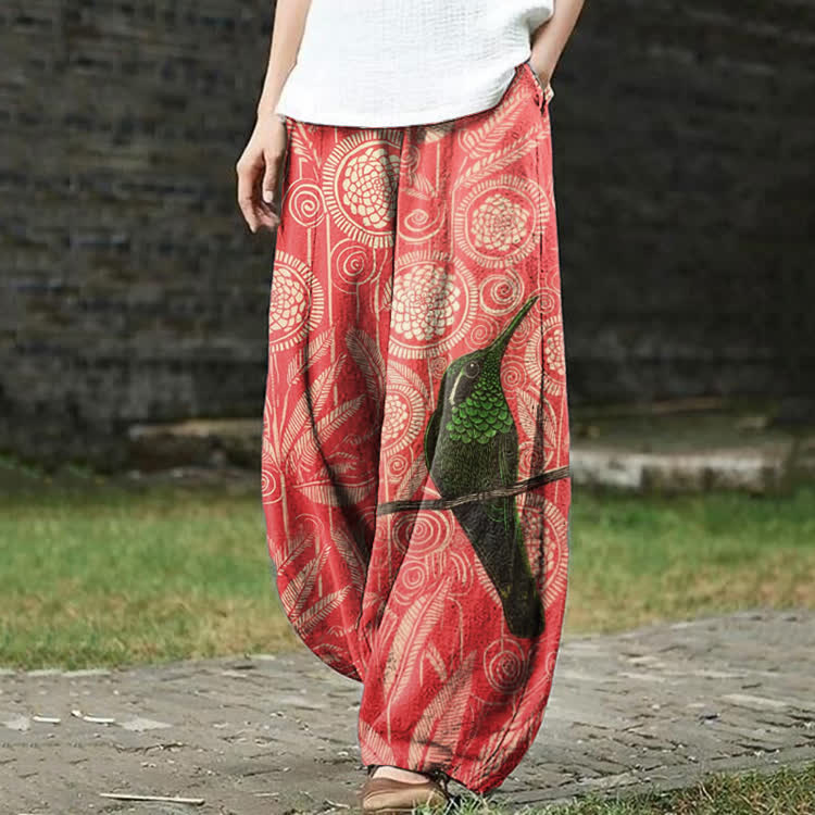  Vintage Geometric Flowers And Birds Pattern Print Casual Bloomers Pants - Red - US18(5XL) - image 1