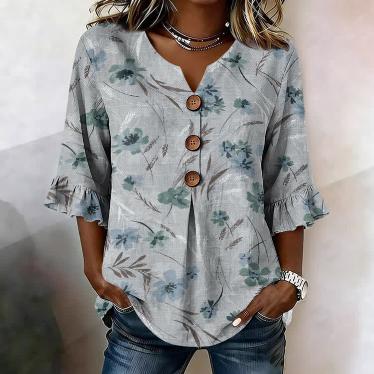 Morandi Blue Green Ink Wash Floral  Pattern Print Button V-neck Blouse With Ruffle Sleeves - Light Blue - US32-34(5XL) - image 1