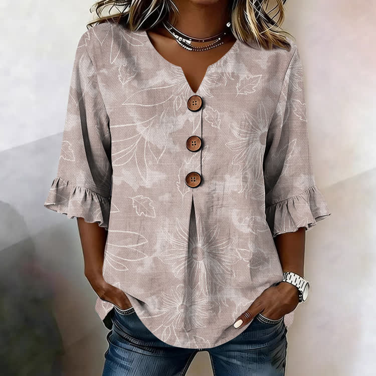 Vintage Inspired Floral Line Pattern Print Button V-neck Blouse With Ruffle Sleeves - Pink - US32-34(5XL) - image 1