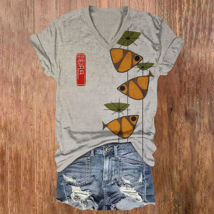 Japanese Geometric Abstract Fishes Pattern Print Short Sleeved V-Neck T-Shirt - Grey - US32-34(5XL) - image 1