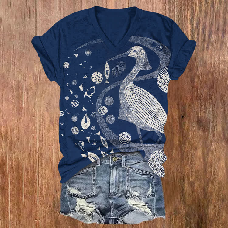 Japanese Minimalist Crane Pattern Print Short Sleeved V-Neck T-Shirt - Dark Blue - US32-34(5XL) - image 1