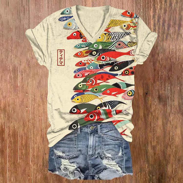 Japanese Vintage Colorful Fishes Pattern Print Short Sleeved V-Neck T-Shirt - Apricot - US32-34(5XL) - image 1