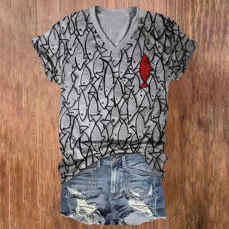 Vintage A Special Fish In The Heart Pattern Print Short Sleeved V-Neck T-Shirt - Grey - US32-34(5XL) - image 1