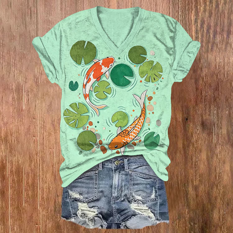 Japanese Good-Luck Koi Pattern Print Short Sleeved V-Neck T-Shirt - Mint - US32-34(5XL) - image 1