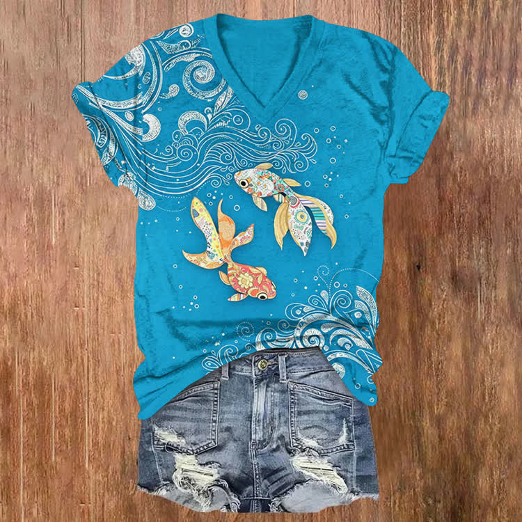 Japanese Vintage Patchwork Goldfishes Pattern Print Short Sleeved V-Neck T-Shirt - Lake Blue - US32-34(5XL) - image 1