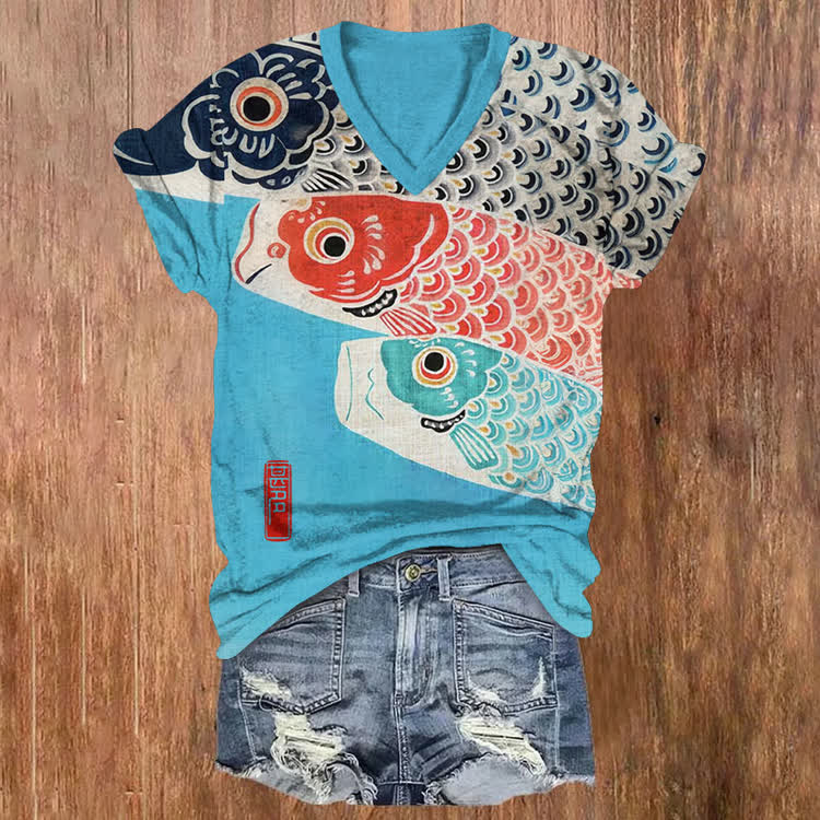 Japanese Vintage Traditional Carp Streamers Pattern Print Short Sleeved V-Neck T-Shirt - Lake Blue - US32-34(5XL) - image 1