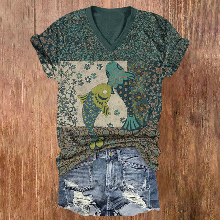 Japanese Old Vintage Patchwork Fishes Pattern Print Short Sleeved V-Neck T-Shirt - Green - US32-34(5XL) - image 1