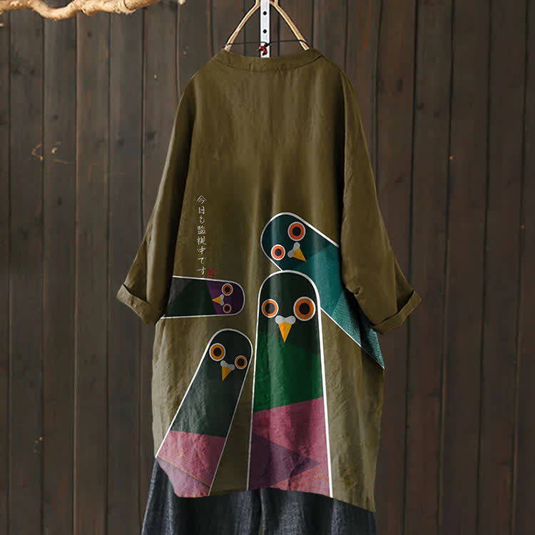 Japanese Retro Surveillance Bird Pattern Print Cardigan - Army Green - US 30-32 (6XL) - image 1
