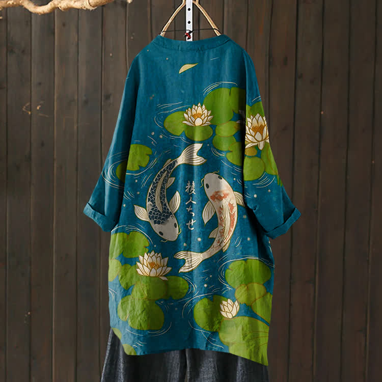  Japanese Koi In The Lotus Pond Pattern Print Cardigan - Blue - US 30-32 (6XL) - image 1
