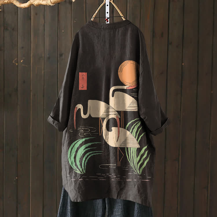 Japanese Minimalist Three Cranes Pattern Print Cardigan - Black - US 30-32 (6XL) - image 1
