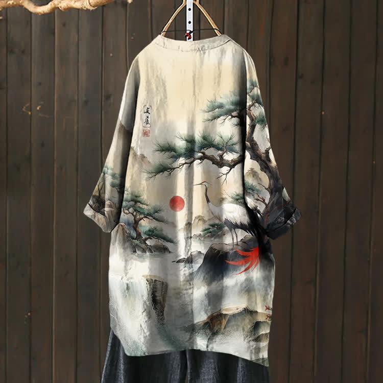 Japanese Vintage Pine And Crane Pattern Print Cardigan - Apricot - US 30-32 (6XL) - image 1
