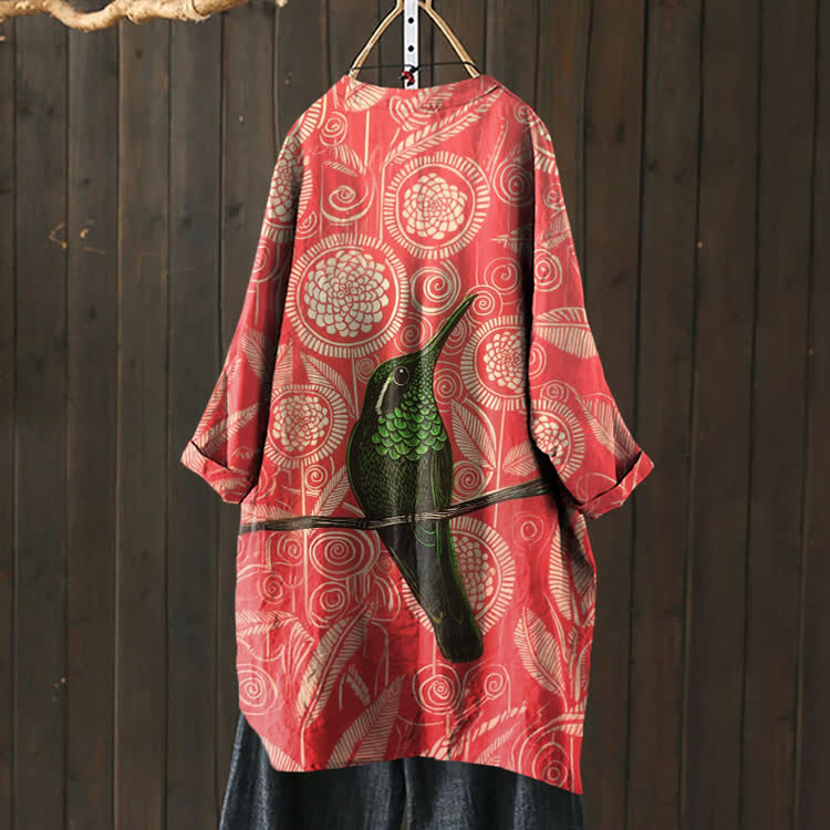 Vintage Geometric Flowers And Birds Pattern Print Cardigan - Red - US 30-32 (6XL) - image 1