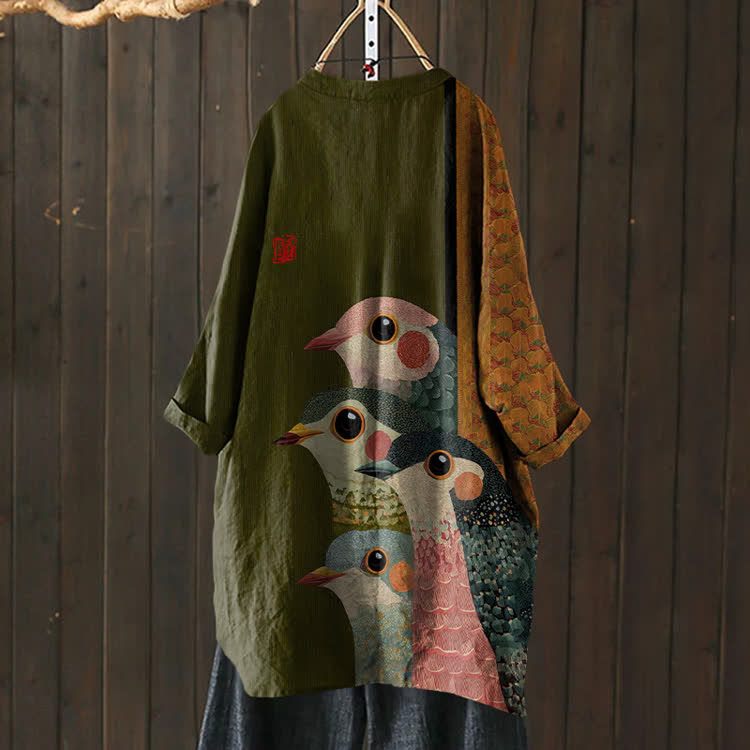 Japanese Retro Rainbow Birds Pattern Print Cardigan - Army Green - US 30-32 (6XL) - image 1