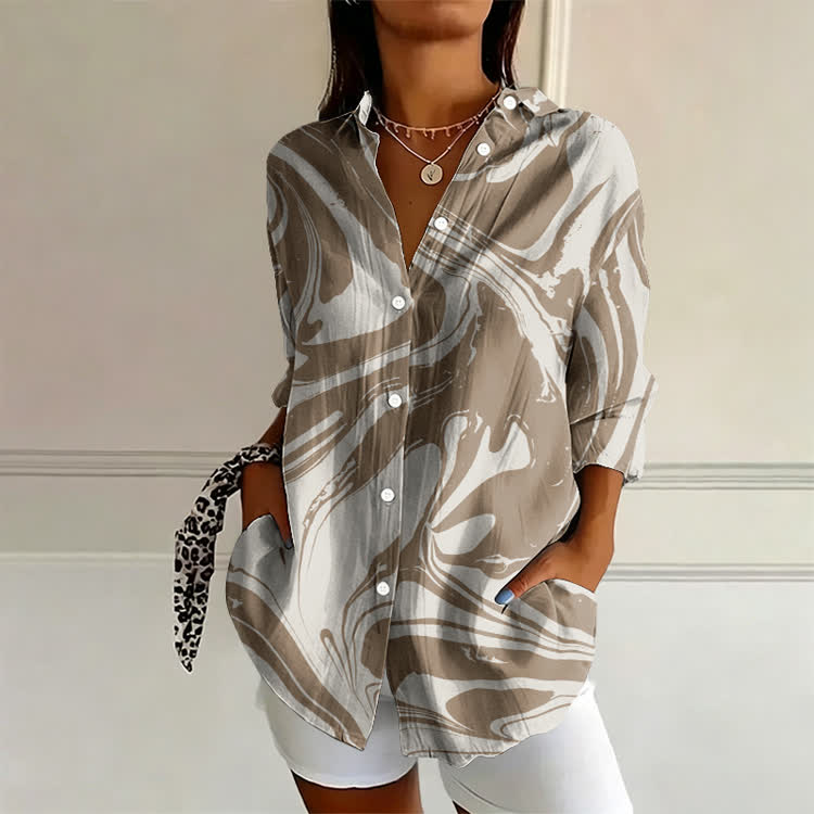 Minimalist Latte Art Pattern Print Long Sleeve Blouse - Apricot - US 22 (4XL) - image 1