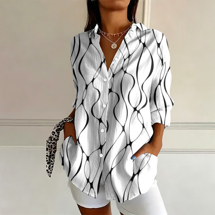 Minimalist Waterfall Curve Pattern Print Long Sleeve Blouse - White - US 22 (4XL) - image 1