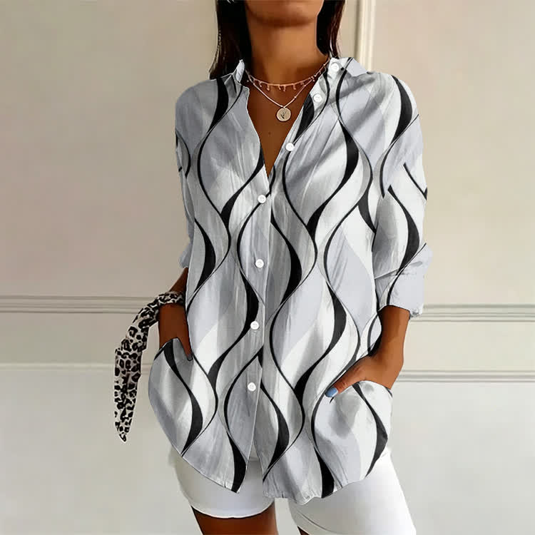 Modern Smoky Curve Pattern Print Long Sleeve Blouse - Black - US 22 (4XL) - image 1