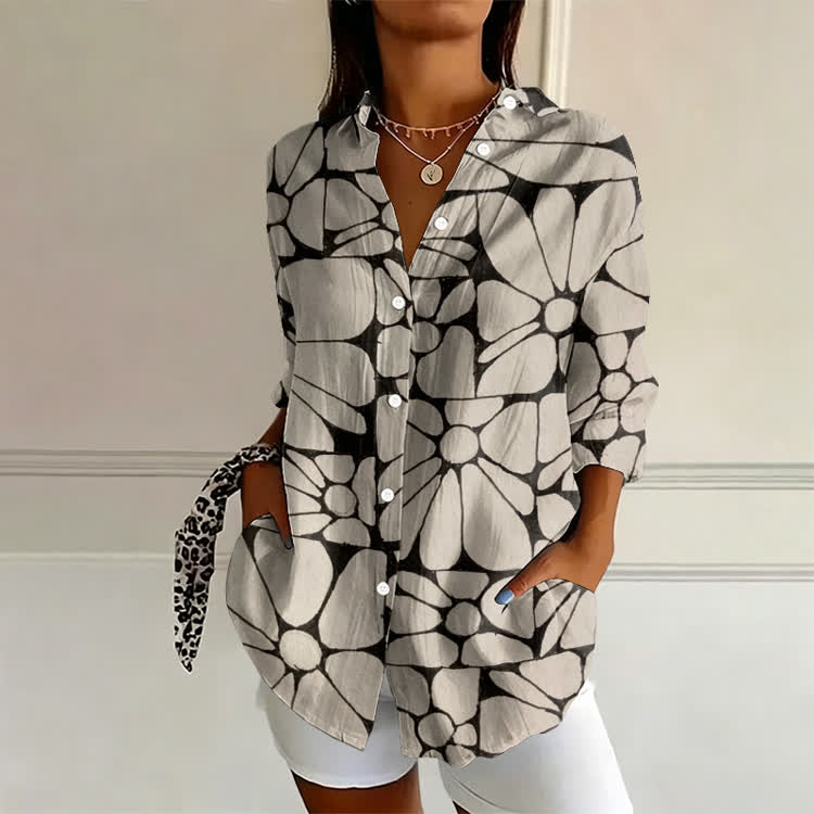 Modern Block Floral Art Pattern Print Long Sleeve Blouse - Apricot - US 22 (4XL) - image 1