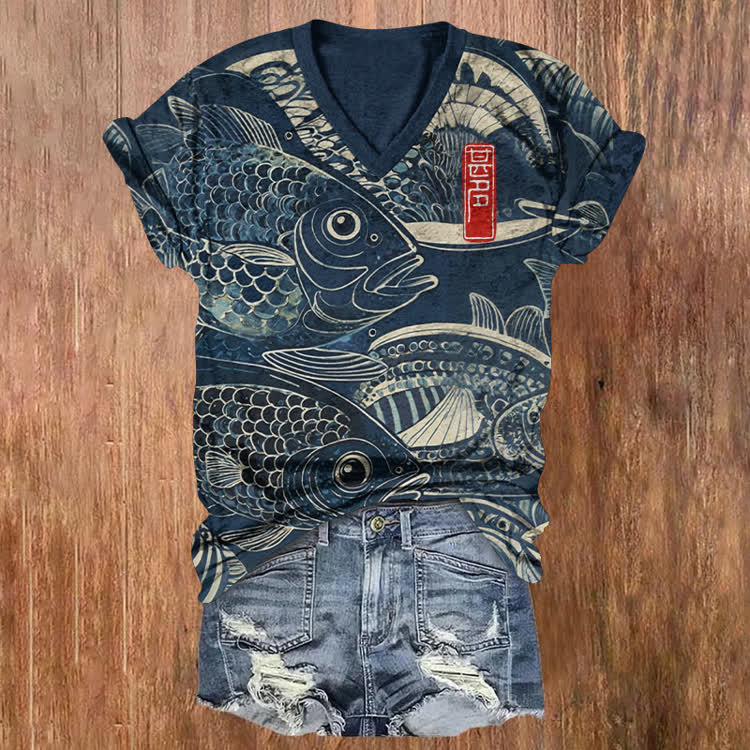 Japanese Woodblock Print Of Salted Fishes Pattern Print Short Sleeved V-Neck T-Shirt - Navy Blue - US32-34(5XL) - image 1
