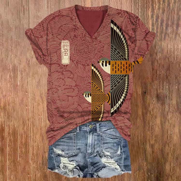 Japanese Two Soaring Eagles Pattern Print Short Sleeved V-Neck T-Shirt - Wine - US32-34(5XL) - image 1