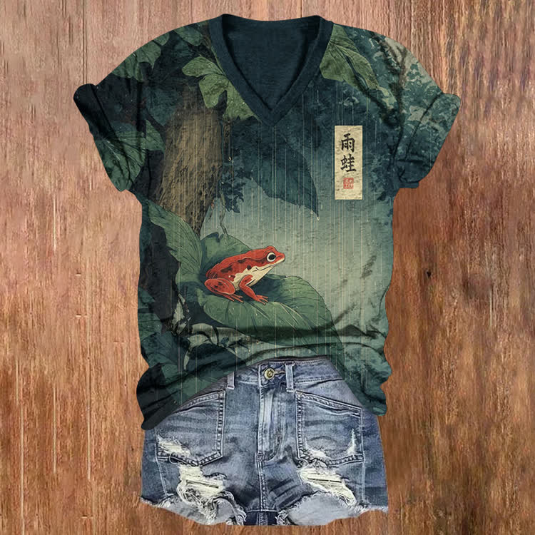 Japanese Ukiyo-e Rain Frog Leaf All Over Pattern Print Short Sleeved V-Neck T-Shirt - Dark Green - US32-34(5XL) - image 1