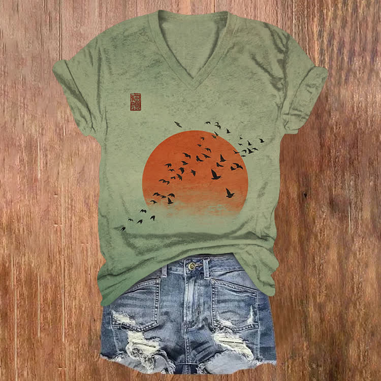 Sunset Swallow Red Seal  Pattern Print Short Sleeved V-Neck T-Shirt - Light Green - US32-34(5XL) - image 1