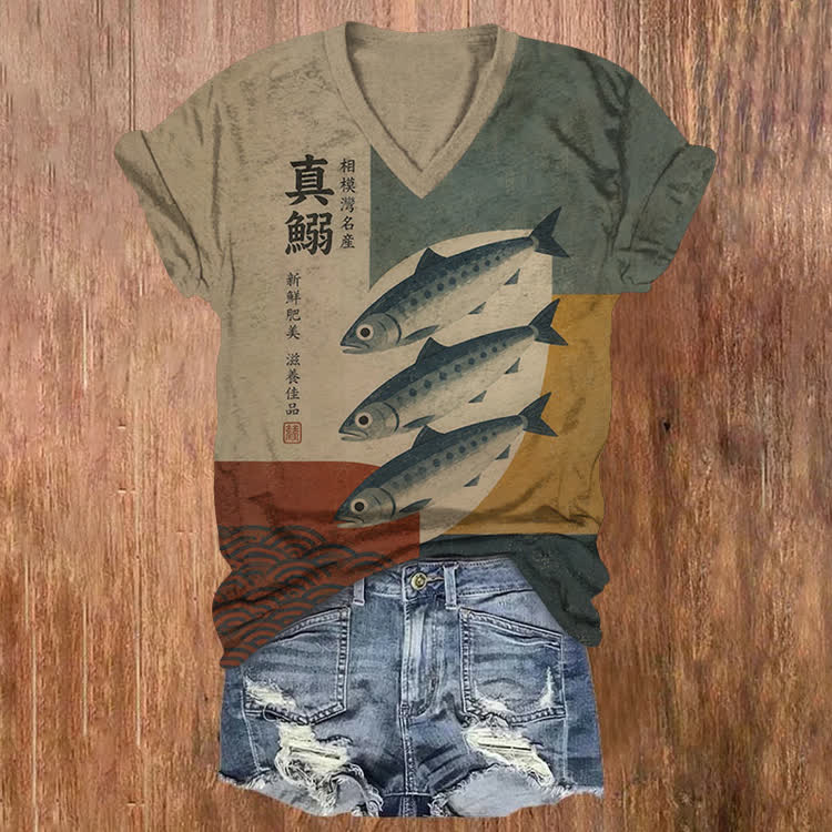 Japanese Retro Mackerel Color Block Vintage Pattern Print Short Sleeved V-Neck T-Shirt - Khaki - US32-34(5XL) - image 1