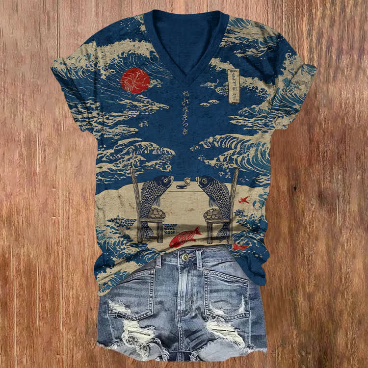 Japanese Ukiyo-e Wave Koi Fish Pattern Print Short Sleeved V-Neck T-Shirt - Blue - US32-34(5XL) - image 1