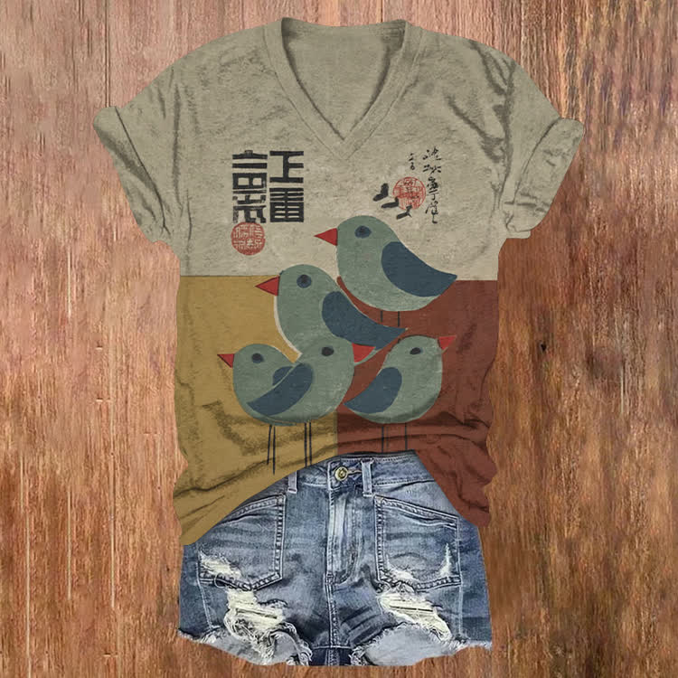 Vintage Color Block Bird Calligraphy Pattern Print Short Sleeved V-Neck T-Shirt - Khaki - US32-34(5XL) - image 1