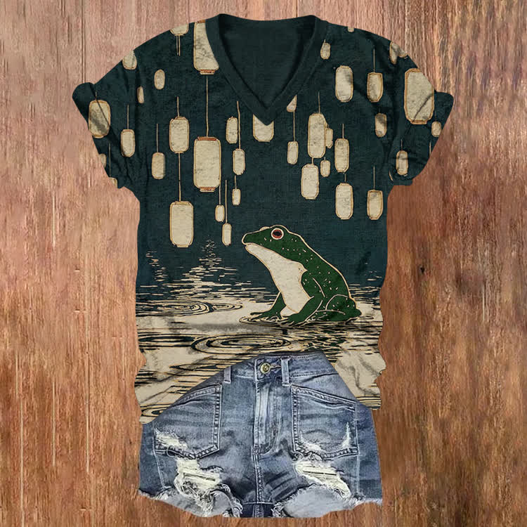 Ukiyo-e Lantern Lotus Frog Pattern Print Short Sleeved V-Neck T-Shirt - Dark Green - US32-34(5XL) - image 1