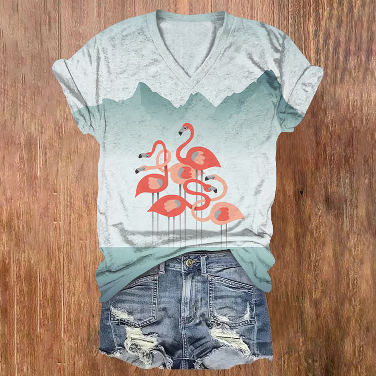 Gradient Mountain Flamingo Pattern Print Short Sleeved V-Neck T-Shirt - Light Blue - US32-34(5XL) - image 1